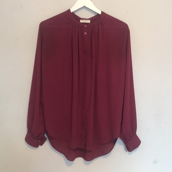Aritzia Babaton Burgundy/ Maroon Pleated Button Up Blouse - Picture 9 of 11